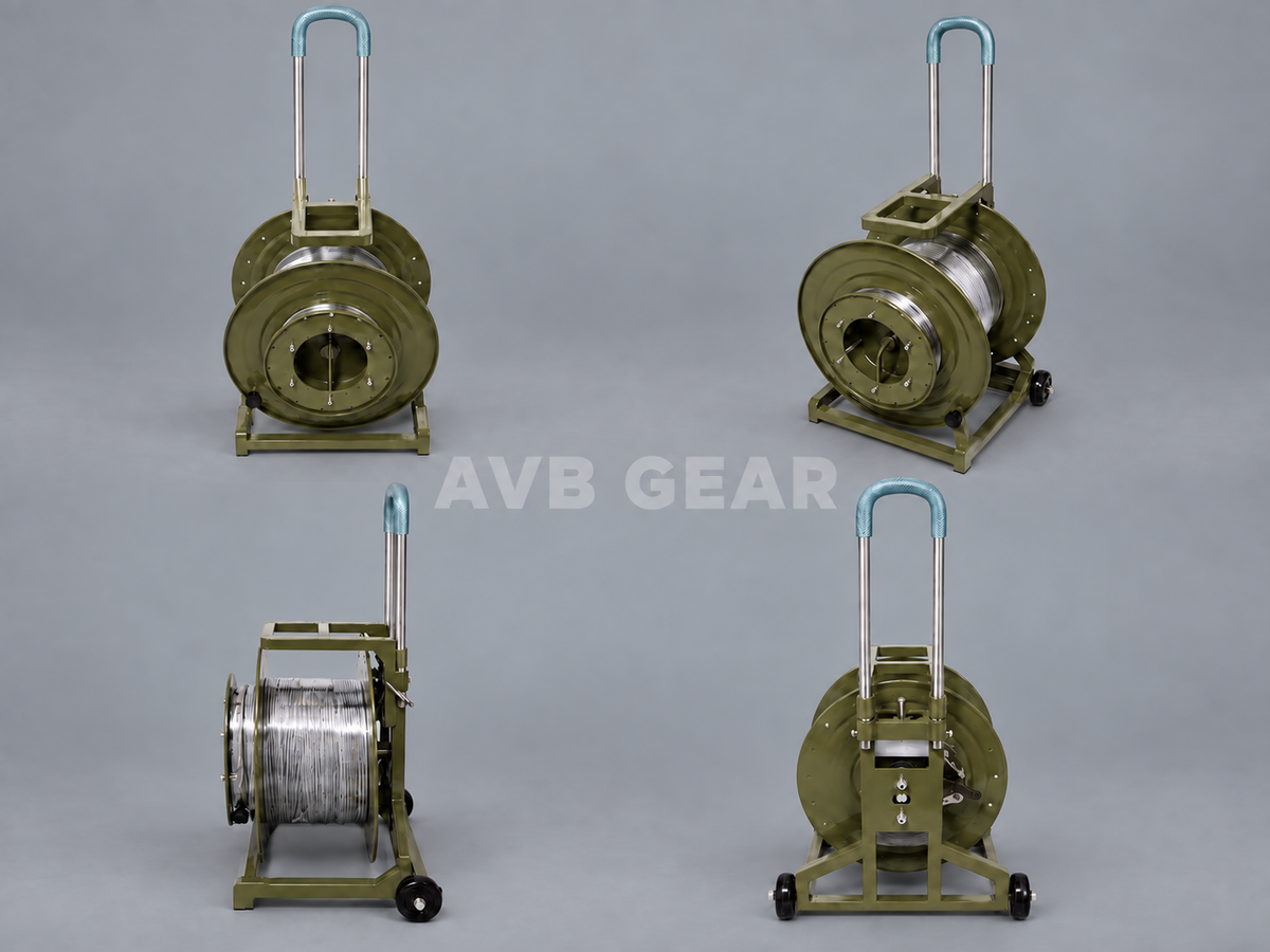 AVB Gear tactical fiber cable reel with AVB GEAR watermark