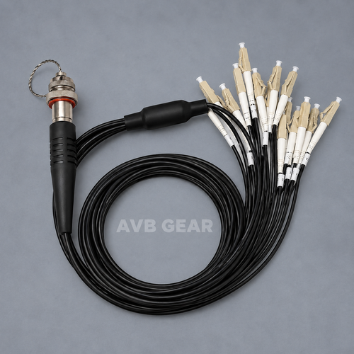 Multipin-to-LC breakout assembly on gray background with AVB GEAR watermark